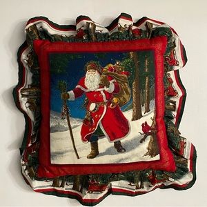 Vintage Christmas Santa Claus Pillow Tree Birds Toys Decorative Holiday 14” x 14